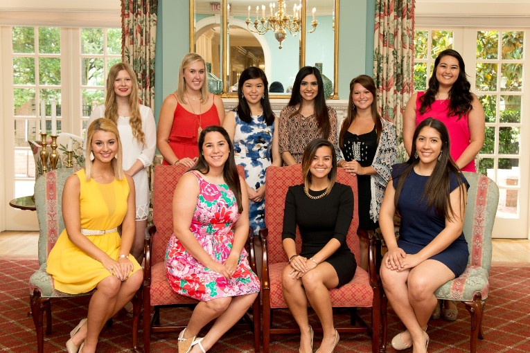 Allison Jagers, Alpha Delta Pi, Kelly Bisset, Sigma Kappa, Tanya Chen, Sigma Kappa, Brittney Jimenez, Sigma Kappa, Megan Cowell, Delta Zeta, True Hernandez, Sigma Sigma Sigma (Seated) Patricia Bedsole, Alpha Xi Delta, Mary Kathryn Gauci, Delta Delta Delta, Rebecca Ramirez, Zeta Tau Alpha, Karen Lopez, Chi Omega winners