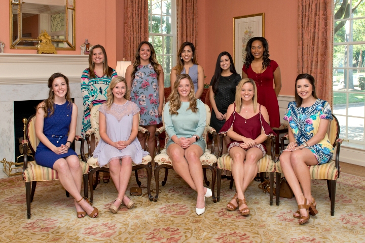(Standing) Lauren Cummings, Delta Gamma; Kaylie Beard, ZTA; Jacquelyn Roman, ZTA; Nadia Tabrizi, Delta Gamma; Sara Brito, Delta Gamma (Sitting) Laine Zizka, Phi Mu; Maggie Smith, AXO; Macy Birden, Delta Gamma; Colby Yarbrough, Delta Gamma; Makayla Faldyn, ZTA winners
